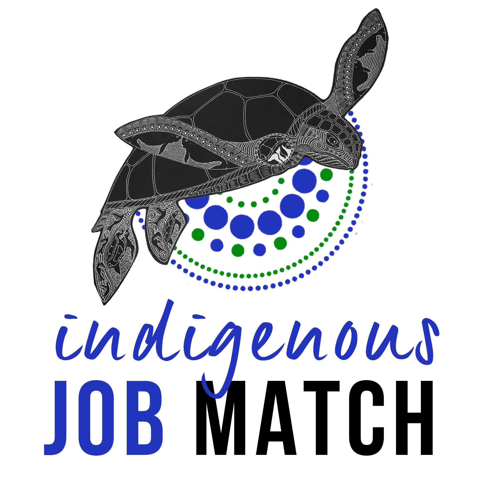 An illustration of a sea turtle with intricate patterns on its shell and flippers, placed above the words 'indigenous JOB' in stylized blue text with a mix of cursive and block fonts.