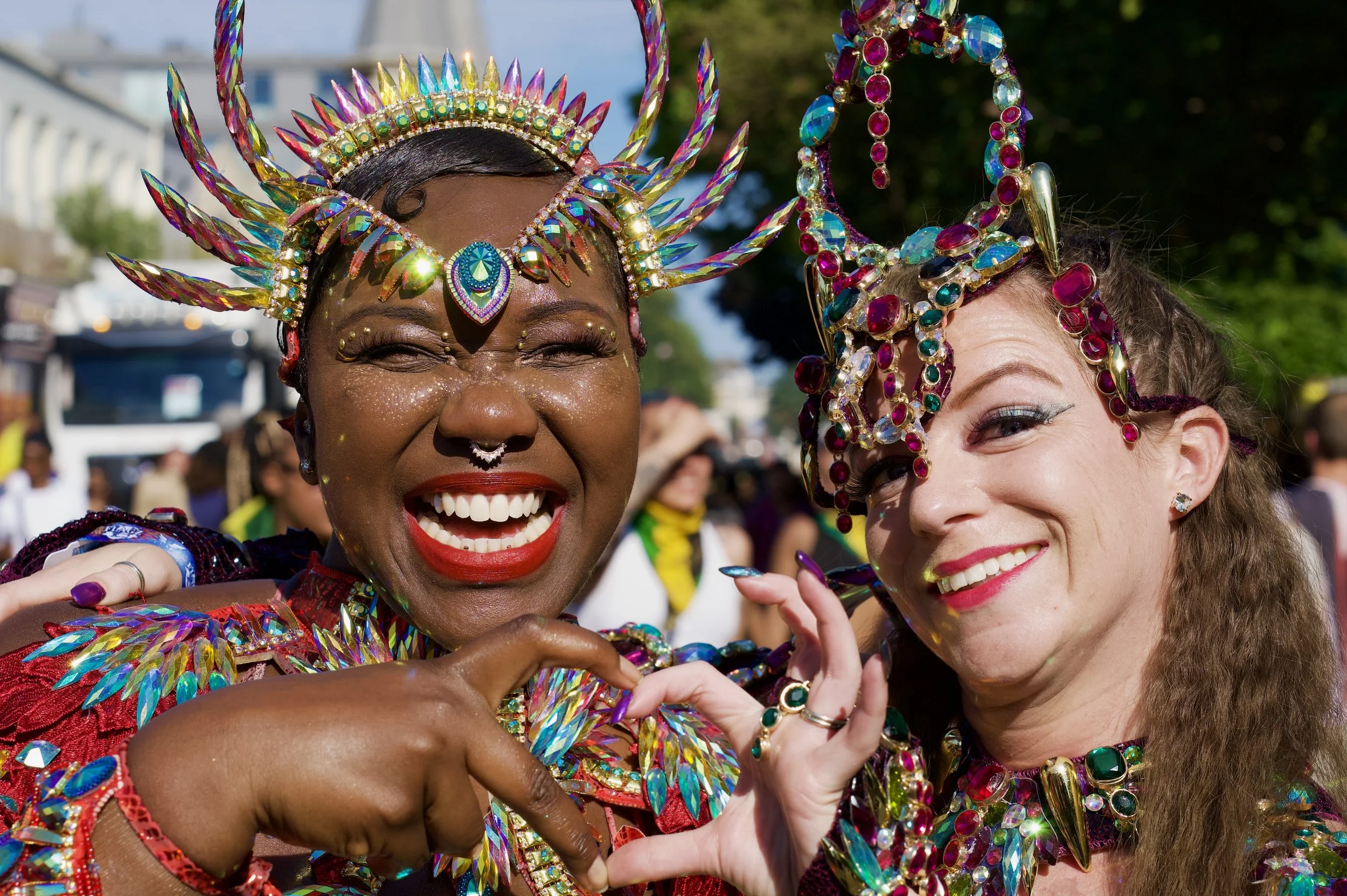 Two women in carnival costumes at Nottinghill Carnival