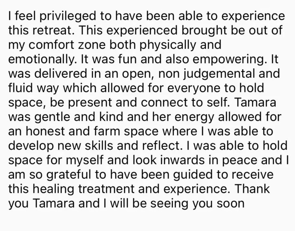 Social Proof for Tamara Josephine A printed testimonial expressing gratitude for a healing retreat experience, highlighting feelings of empowerment, peace, and personal growth.