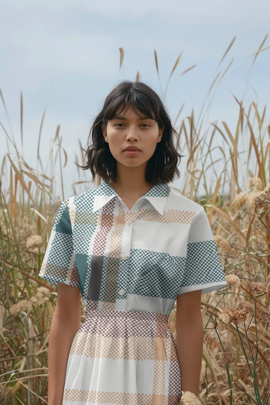 Female model of color wearing a cream button up dress with a large scale checkerboard plaid print in greens and yellows.
