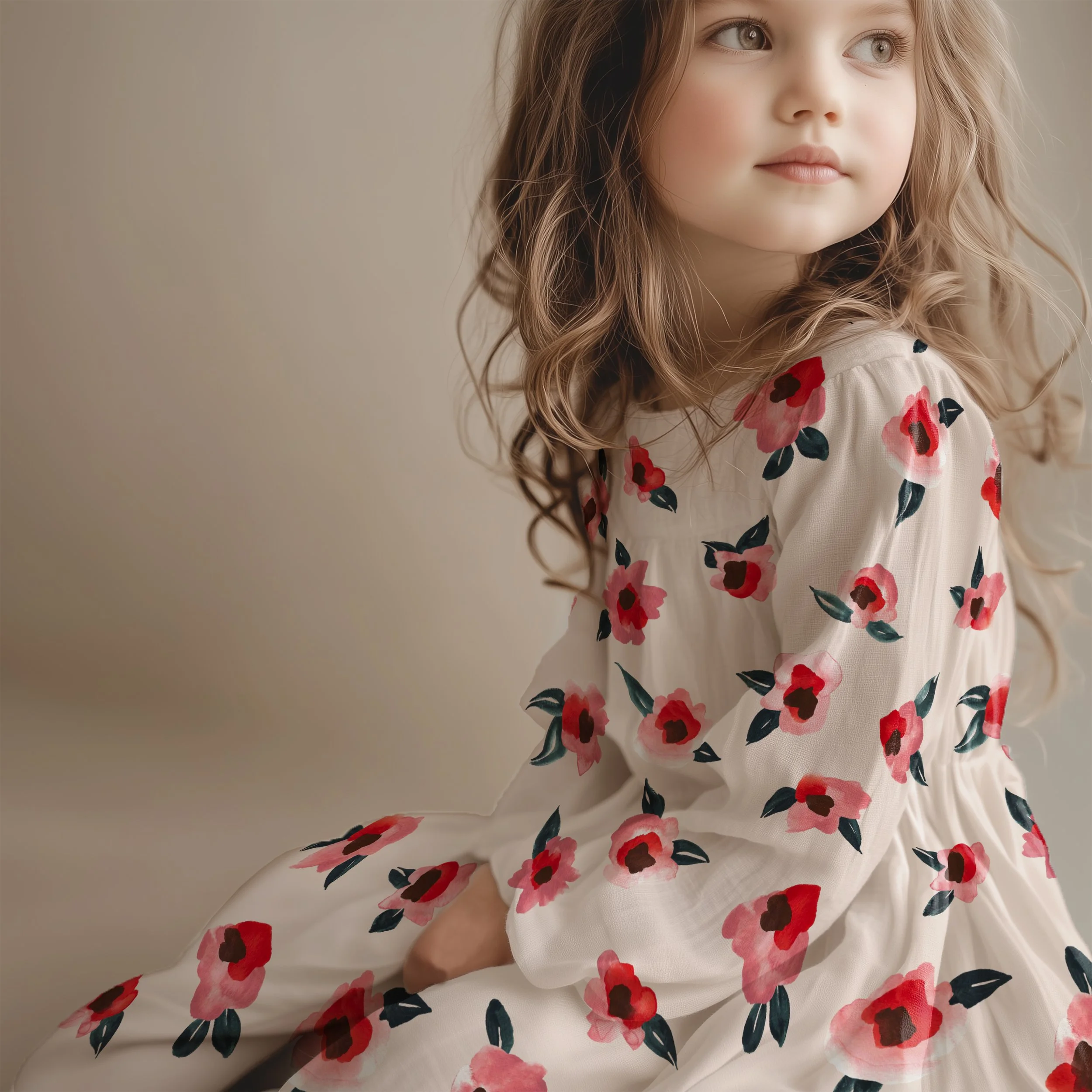 Caucasian little girl wearing a cream soft flowy dress with an abstract blob watercolor floral print in pinks and reds.