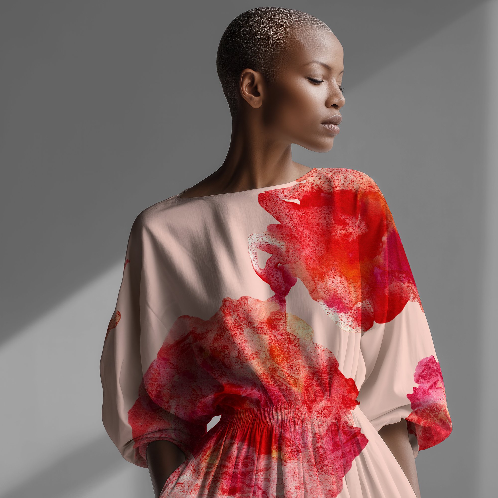 Black, elegant model wearing a light pink dress with a bright pink and red Prism Floral print.