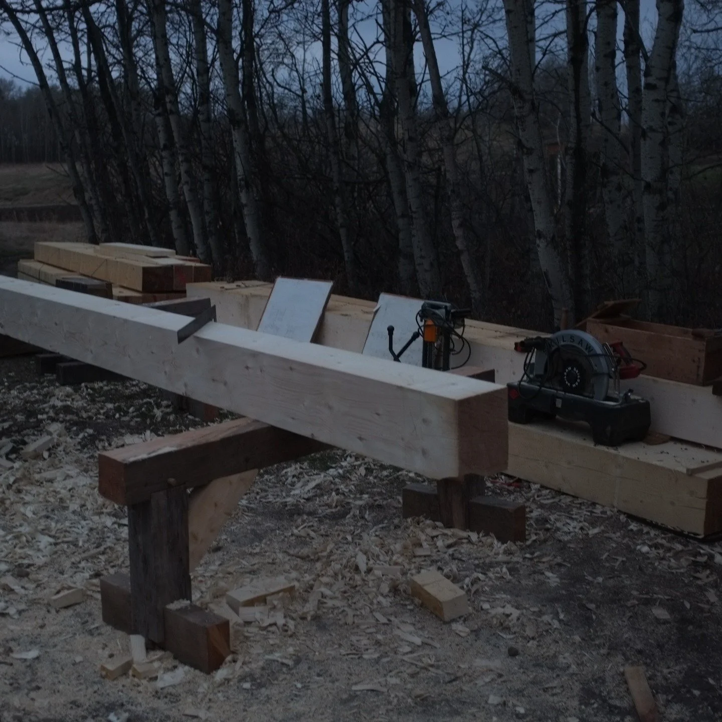 Getting started on the next project: A 24'x14' porch addition for a house. Warming up on the posts first before tackling the big trusses.
