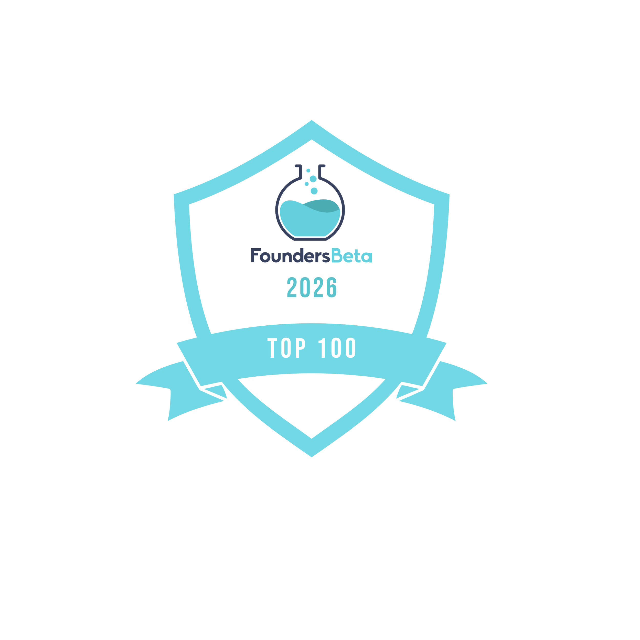 Logo for FoundersBeta with a beaker icon and the year 2026, surrounded by a badge banner with the text 'Top 100'.