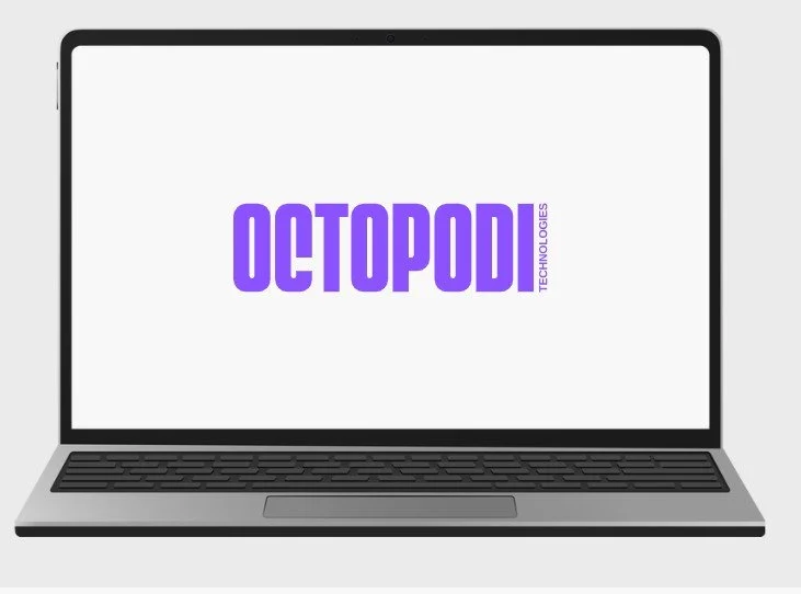 Open laptop displaying the Octopod Technologies logo on its screen.