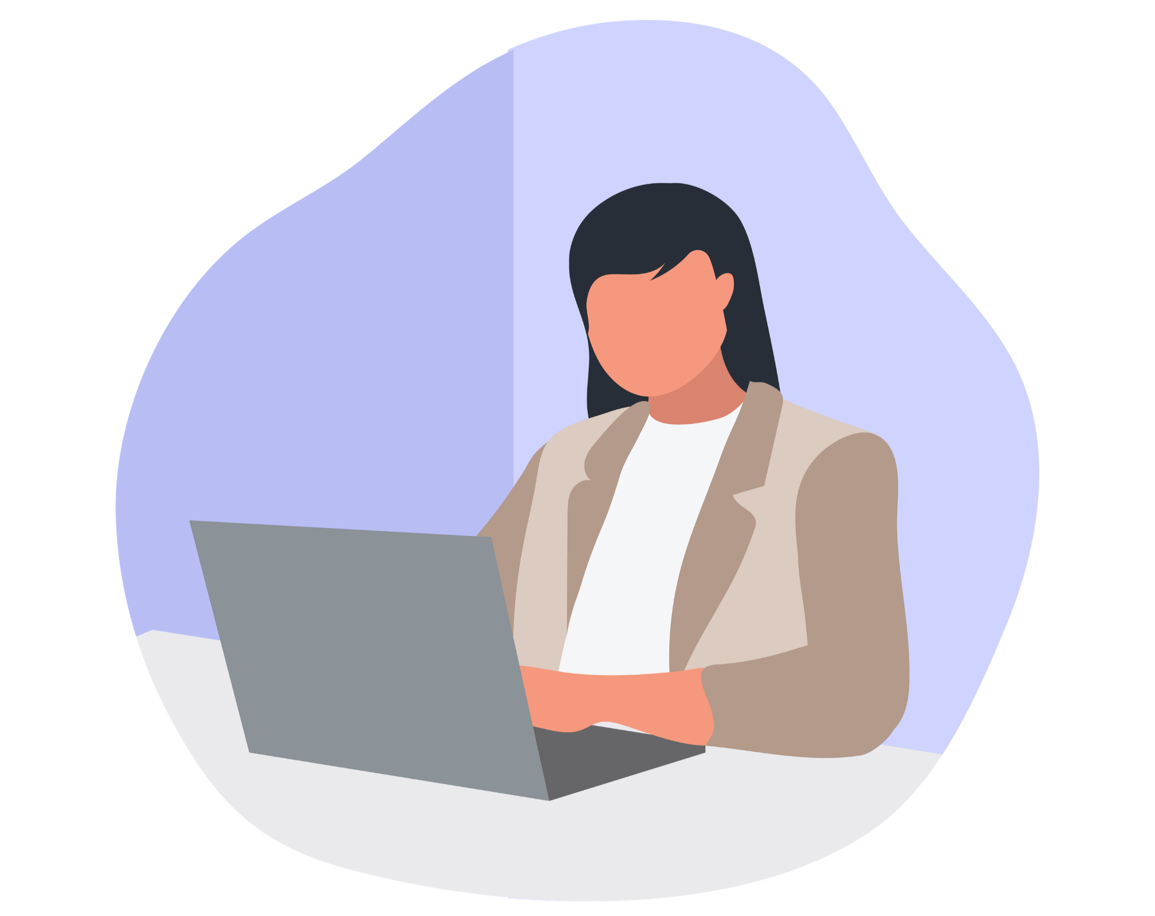Illustration of a woman with black hair, wearing a beige blazer and white shirt, working on a laptop at a desk.