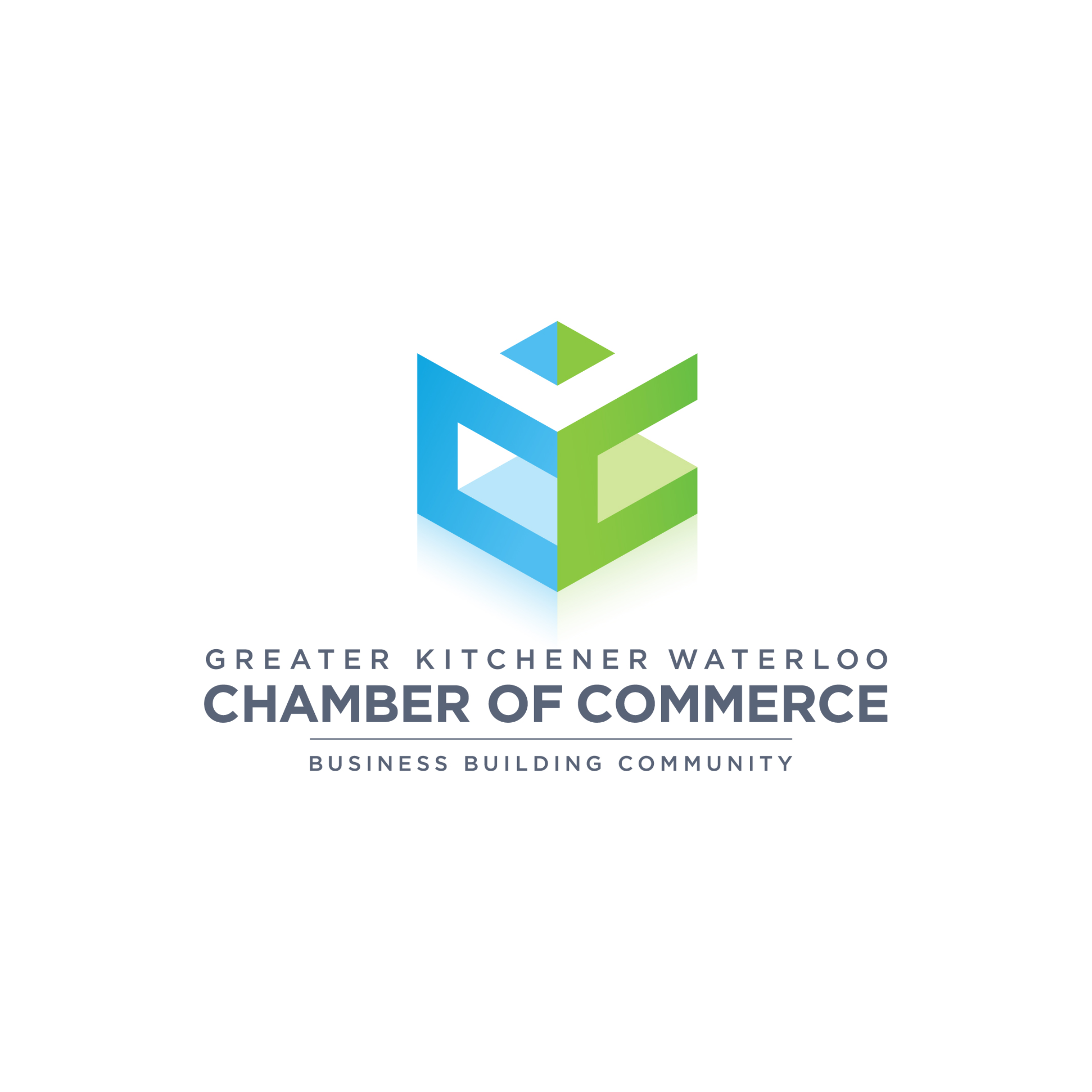 Logo of Greater Kitchener Waterloo Chamber of Commerce featuring a 3D geometric design in blue and green with the organization's name.
