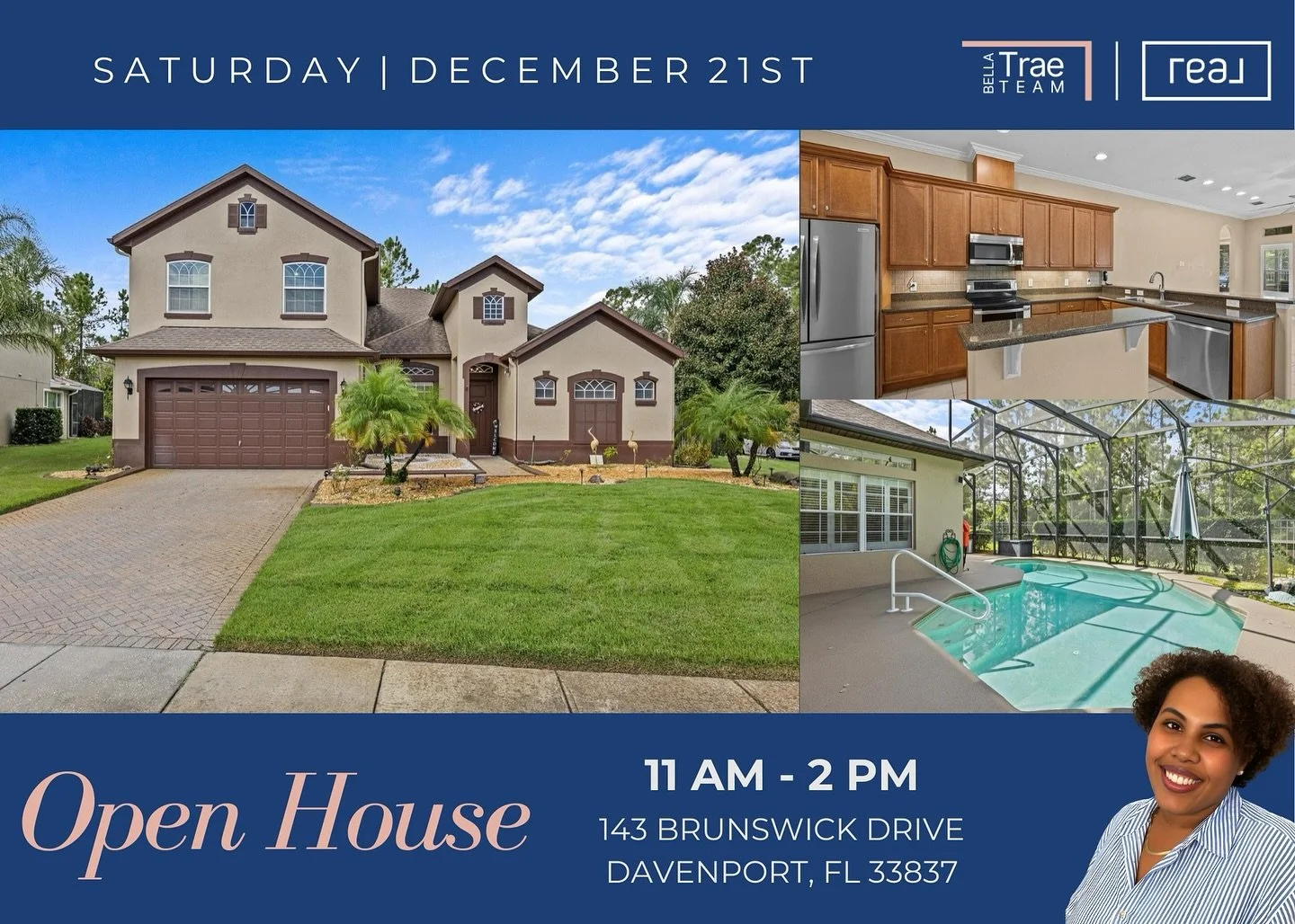 🏠 Open House This Weekend!
📍 143 Brunswick Dr, Davenport, FL 33837 | 💰 Listed at $594,000

✨ Features You&rsquo;ll Love:
&bull; 5 Beds / 4 Baths: Space for everyone 🛌🛌🛌🛌🛌
&bull; Expansive Main Floor: Formal living/dining + open-concept family