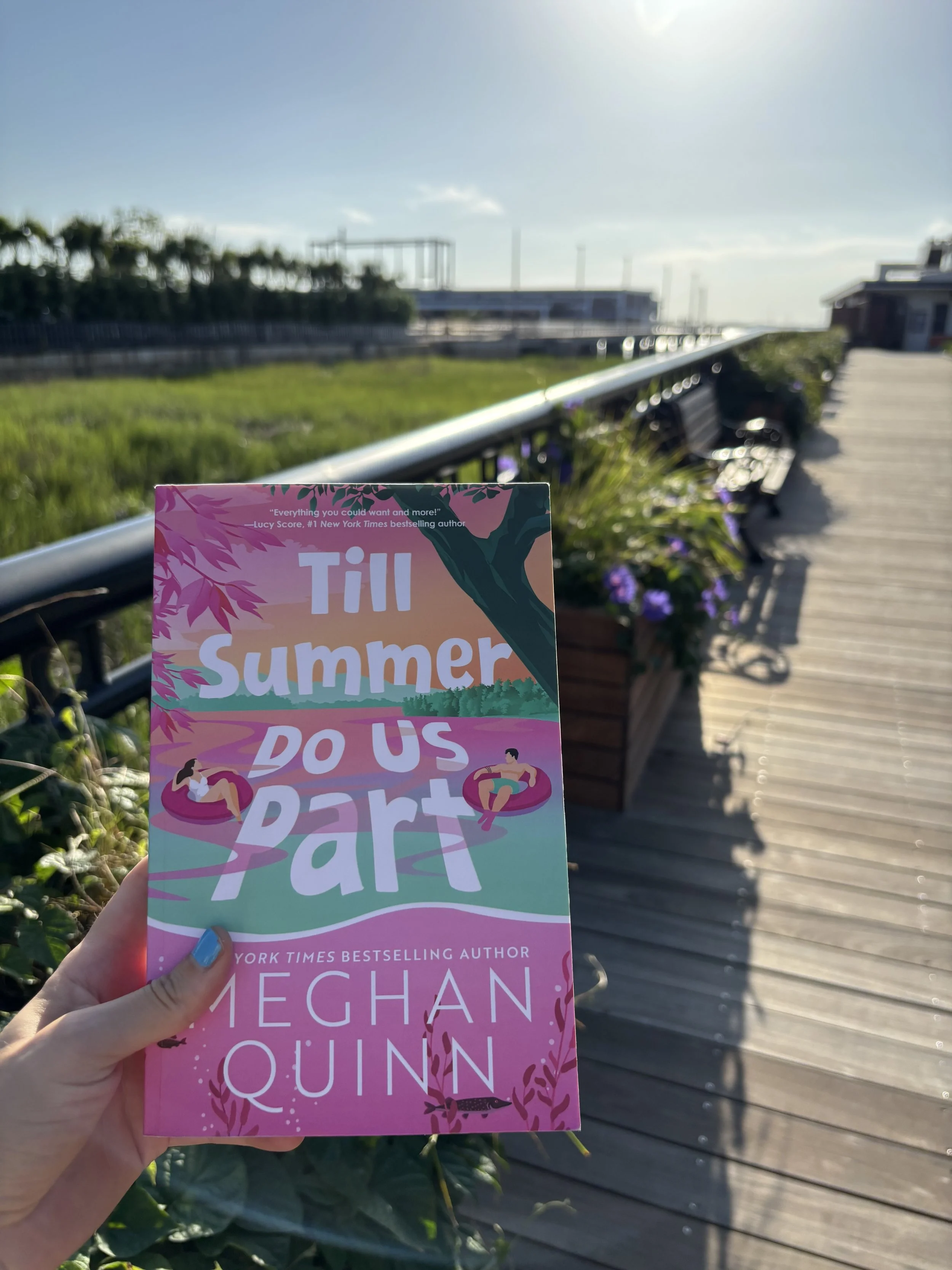 A person holding a pink book titled "Till Summer Do Us Part" by Megan Quinn outdoors on a wooden boardwalk, with potted flowers and benches along the path, and a bright blue sky overhead.