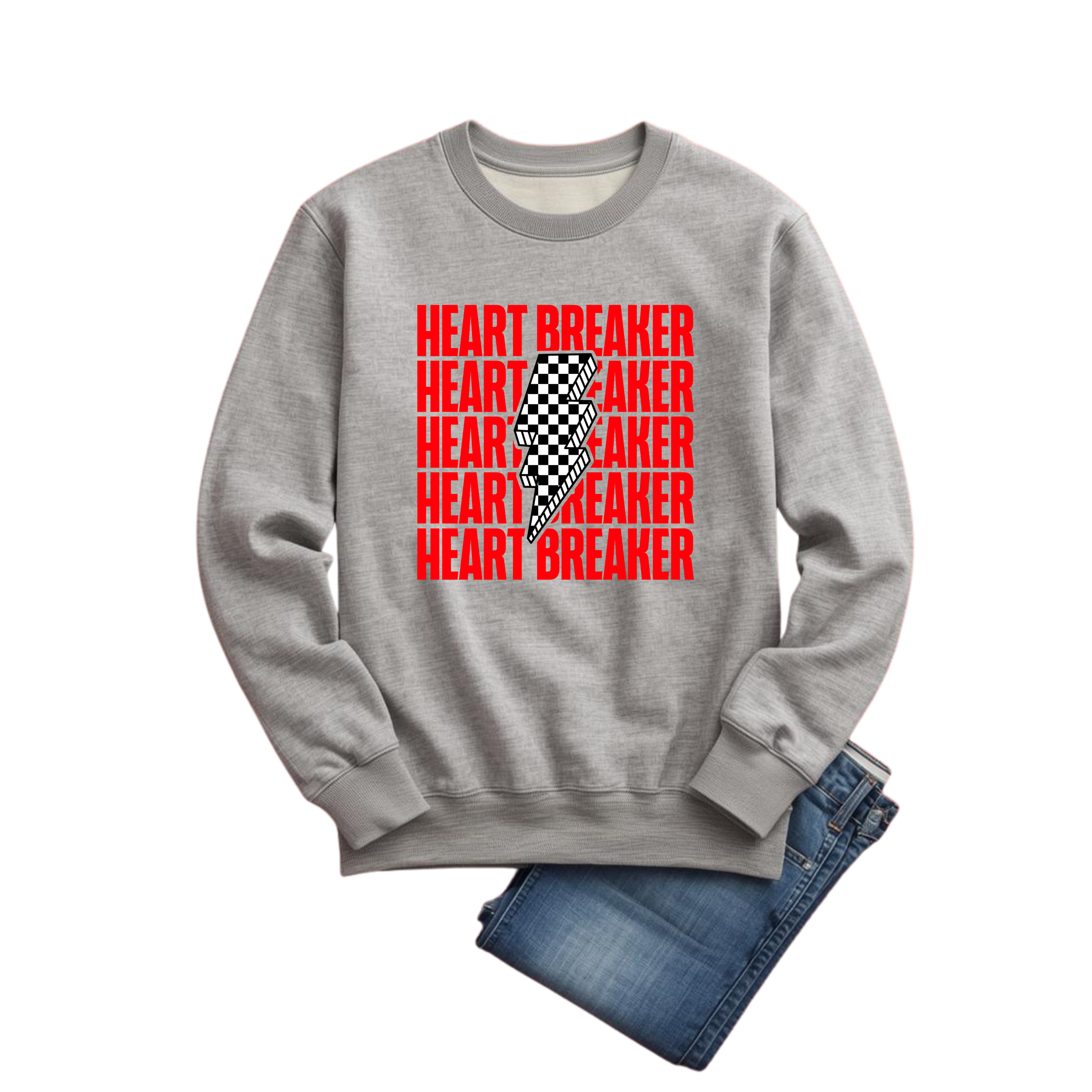 Gray sweatshirt with red text 'Heart Breaker' repeated and a black and white lightning bolt graphic.