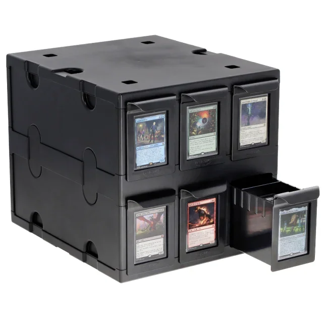 Black BCW six-drawer card catalog with a drawer pulled open and trading cards in the front label windows. Cards not included.