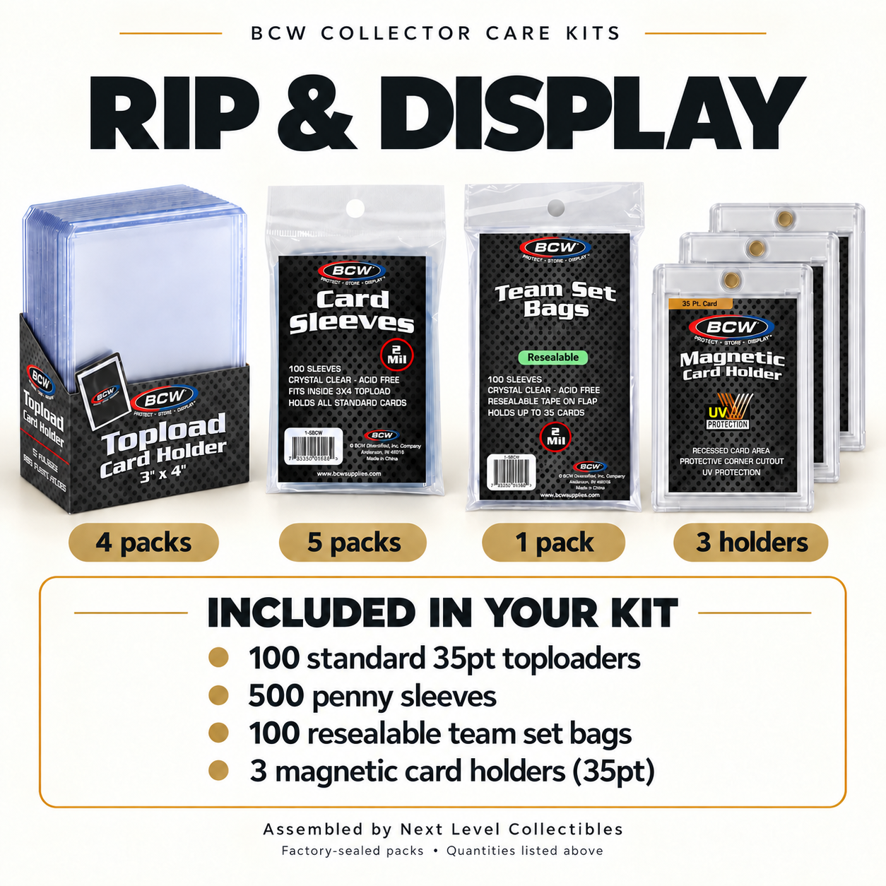 Rip & Display kit: 100 standard 35pt toploaders, 500 penny sleeves, 100 team set bags and three 35pt magnetic holders.