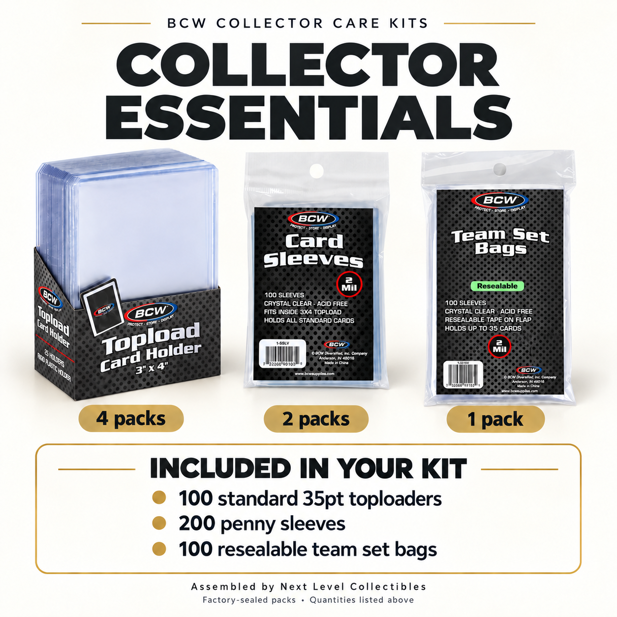 Collector Essentials kit: 100 standard 35pt toploaders, 200 penny sleeves and 100 resealable team set bags.