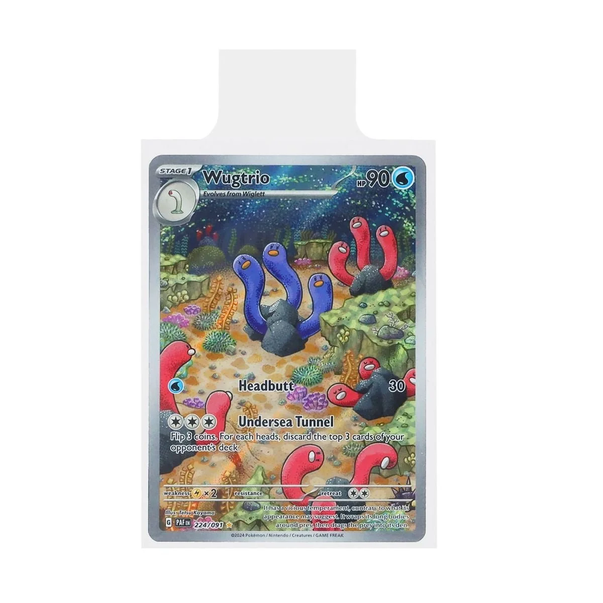A Pokémon trading card inside a BCW tabbed sleeve, with the pull tab extending above the card. Card shown for demonstration only; cards are not included.