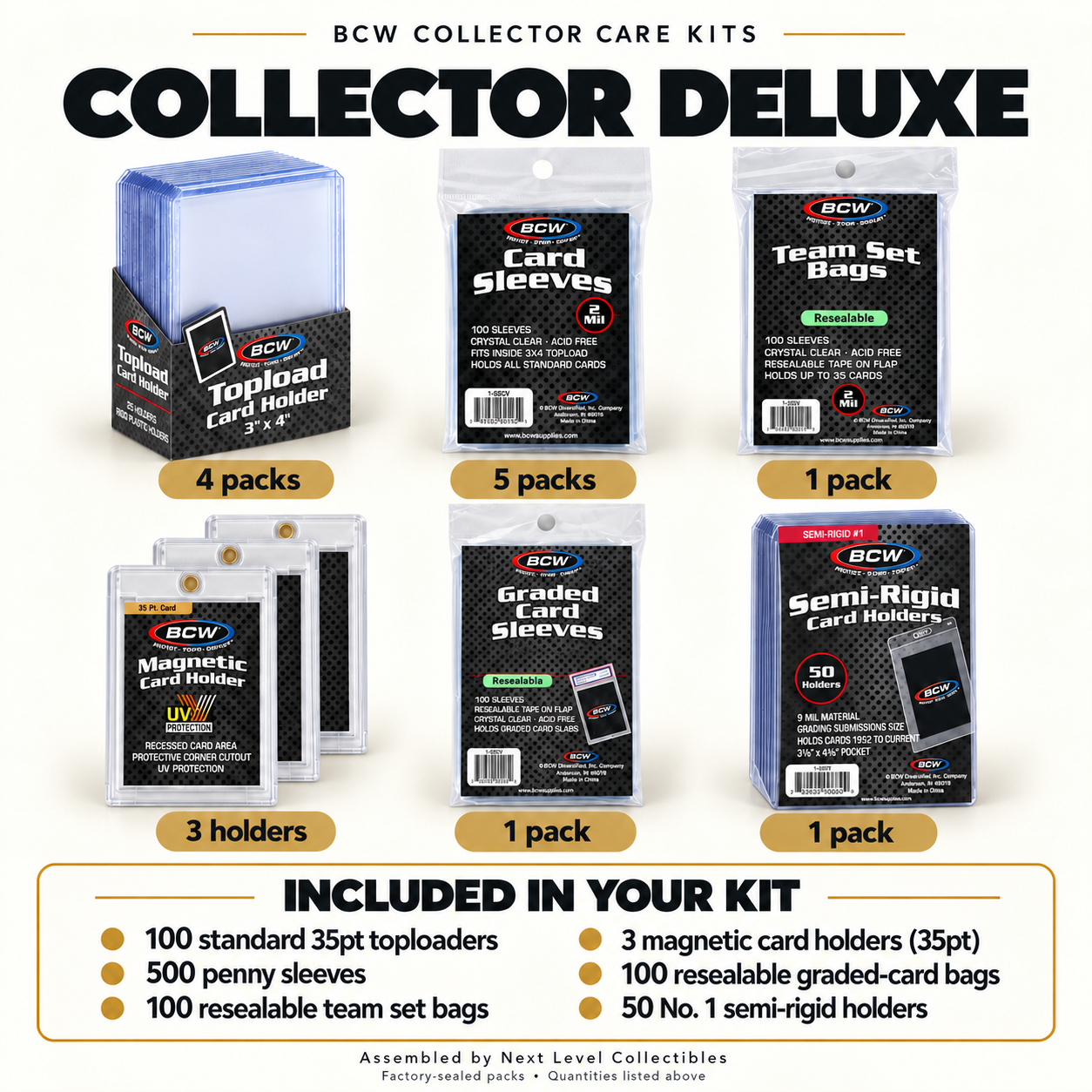 Collector Deluxe kit: 100 toploaders, 500 penny sleeves, 100 team set bags, three 35pt magnetics, 100 graded-card bags and 50 No. 1 semi-rigid holders.