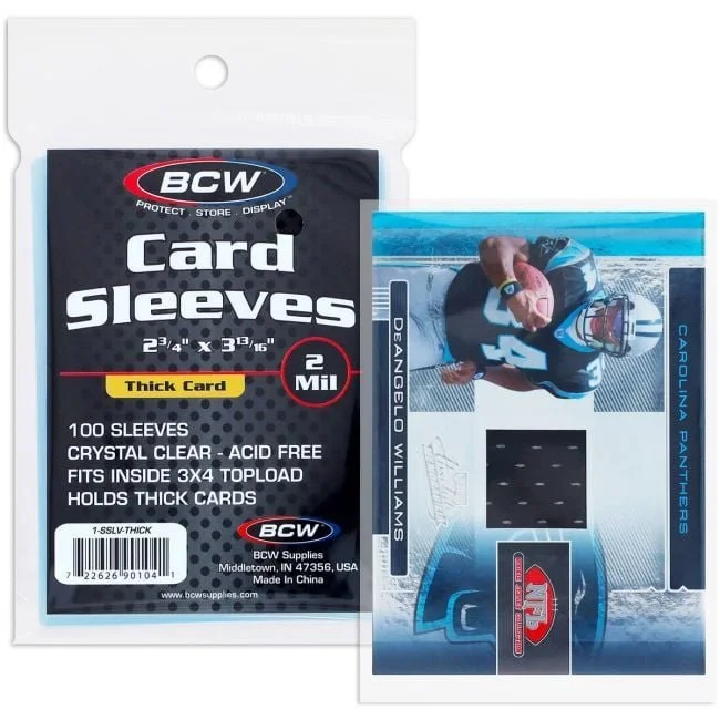 BCW thick sleeves, 100 per pack; 1 pack(s) included. Manufacturer photo shows an example card; cards are not included.
