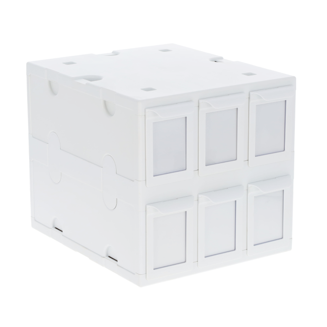 BCW six-drawer card catalog in white, shown closed from an angle.
