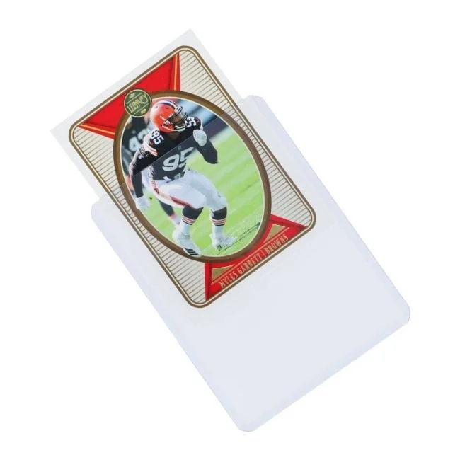Football trading card partially inserted into a clear BCW standard toploader. Card shown for demonstration only; cards are not included.