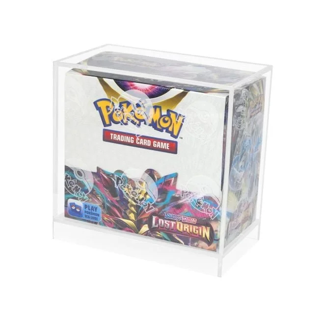 Spectrum small acrylic display case holding a Pokémon booster box as a display example. Booster box and cards are not included.