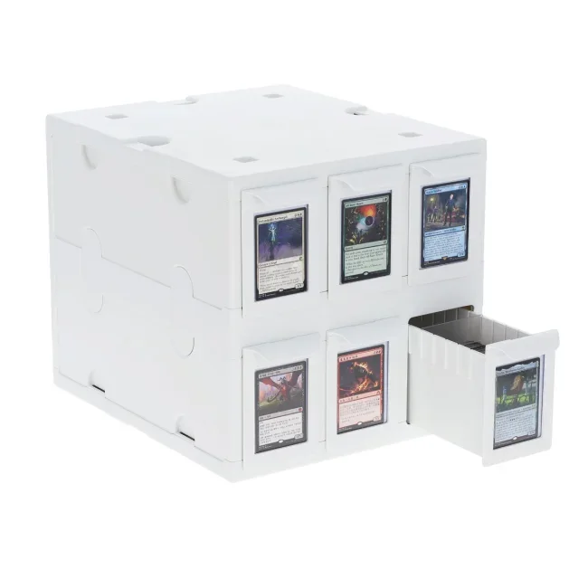 White BCW six-drawer card catalog with a drawer pulled open and trading cards in the front label windows. Cards not included.
