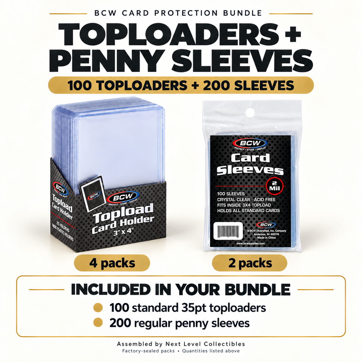 BCW bundle: 100 standard 35pt toploaders in four 25-count packs and 200 regular penny sleeves in two 100-count packs.