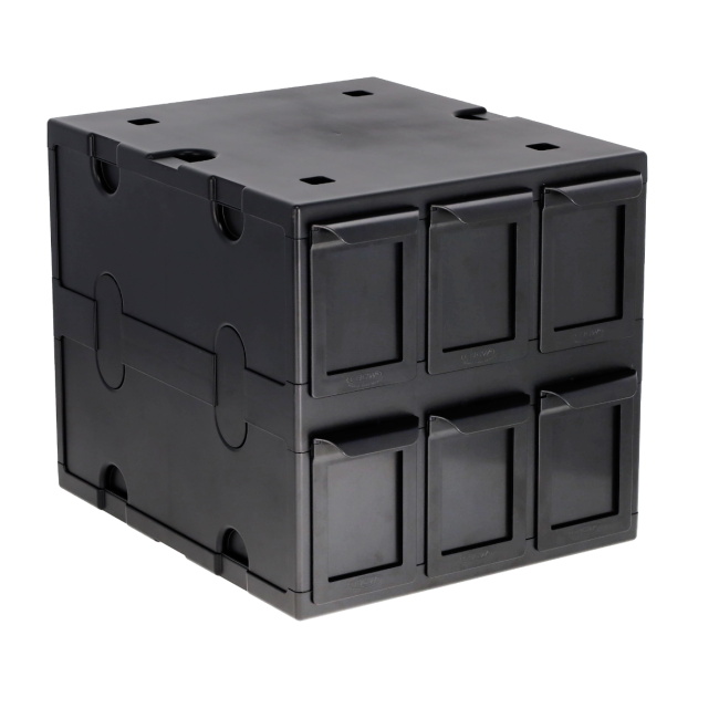 BCW six-drawer card catalog in black, shown closed from an angle.