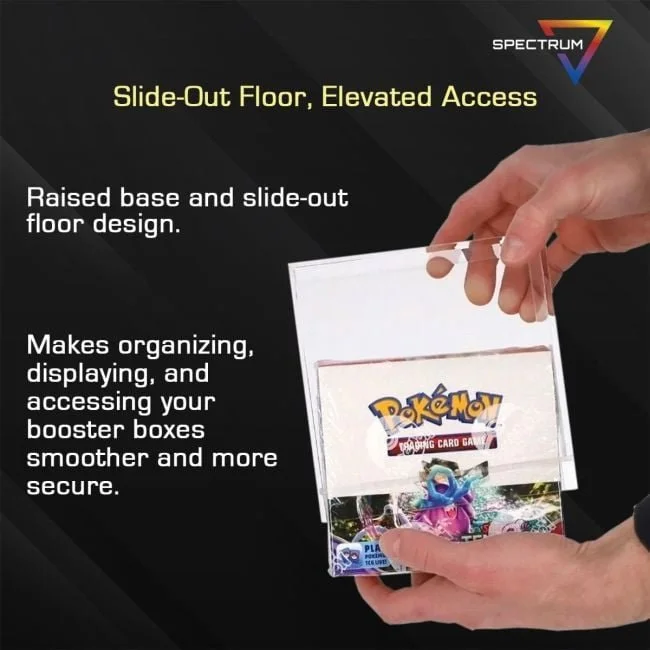BCW feature image showing the Spectrum display case raised base and slide-out floor. Pictured Pokémon booster box is not included.