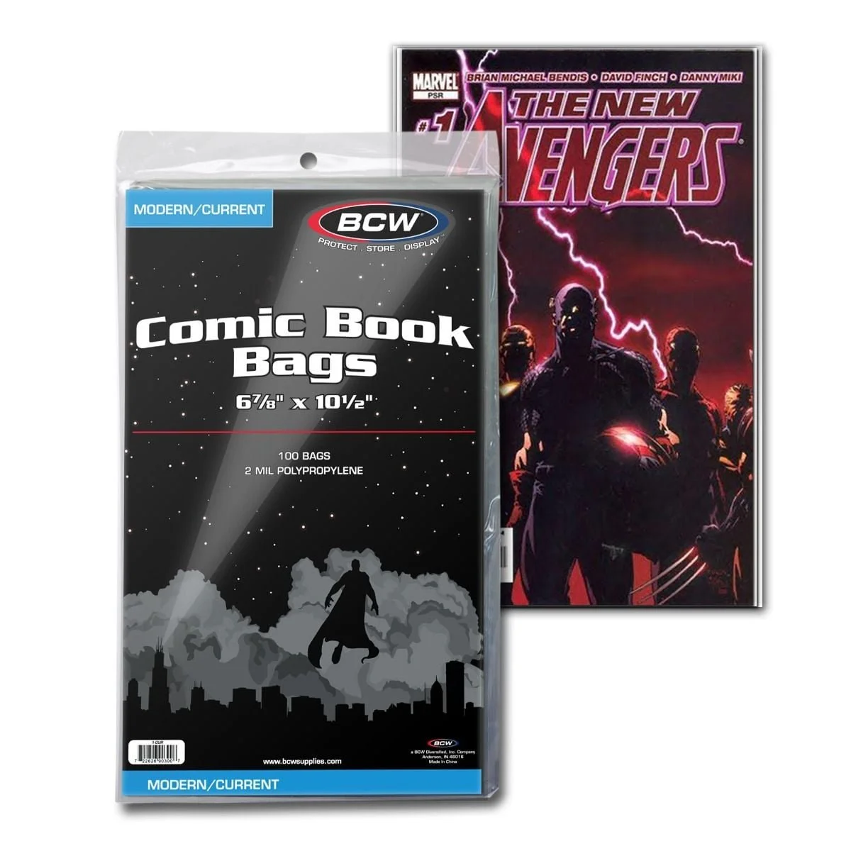 BCW current comic bag packaging beside a comic in a clear protective bag. Use example only; comics are not included.