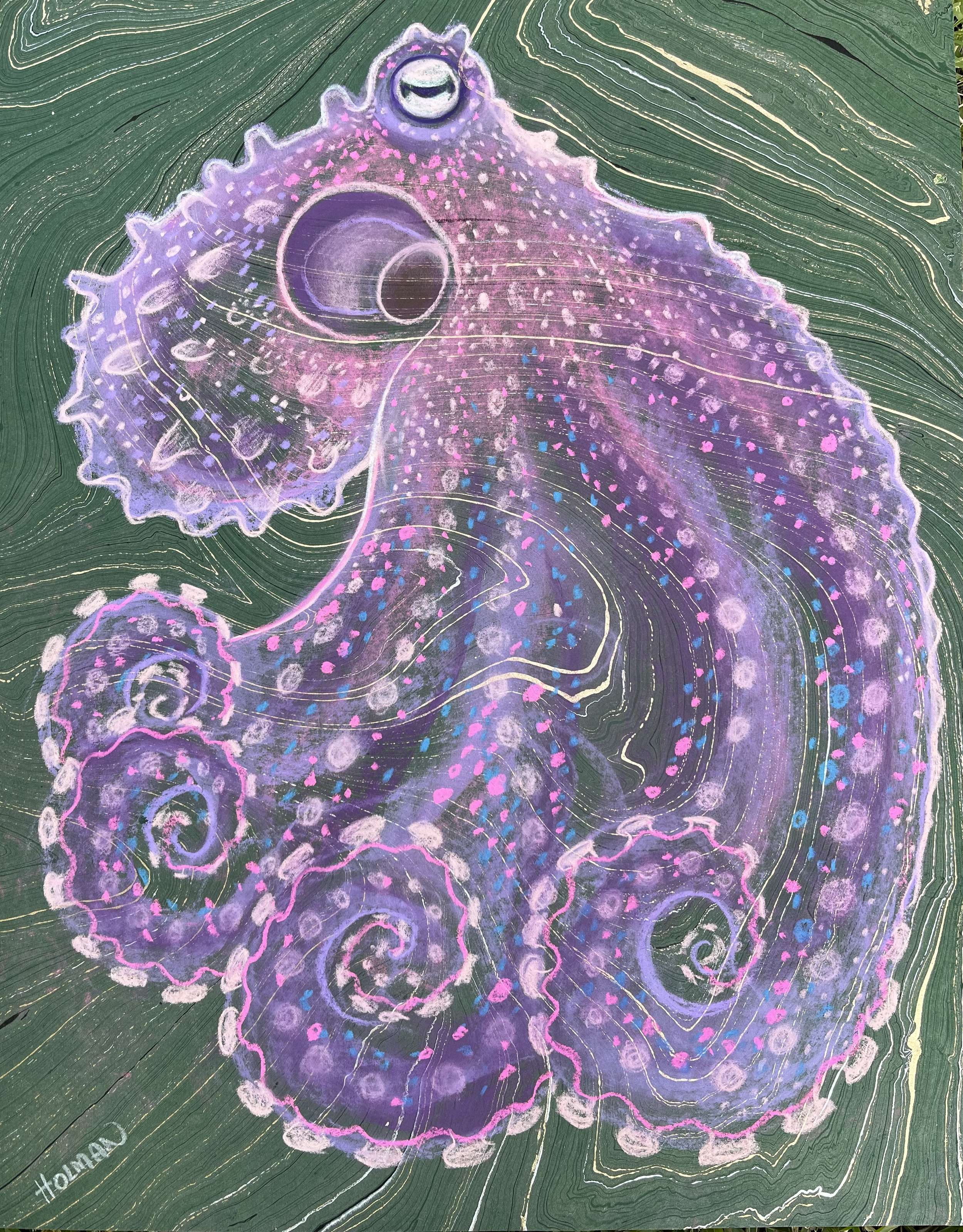 Purple Octopus - pastel on marbled paper 2024 - AVAILABLE FOR PURCHASE