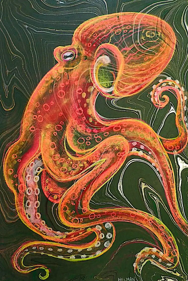 Giant Pacific Octopus pastel on marbled paper 2022