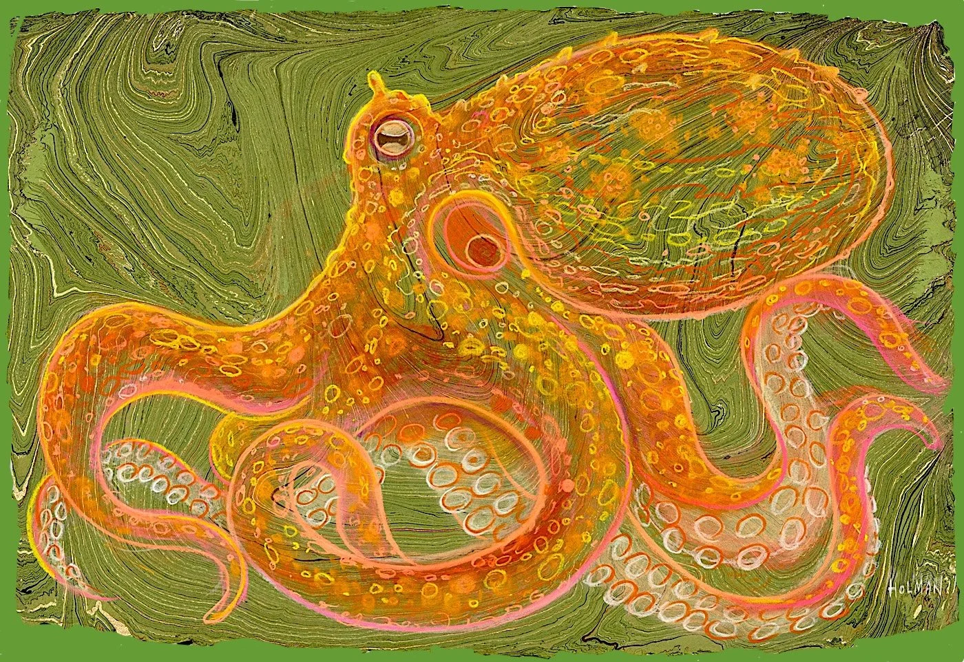 Orange Octopus - pastel on marbled paper 2025 - AVAILABLE FOR PURCHASE