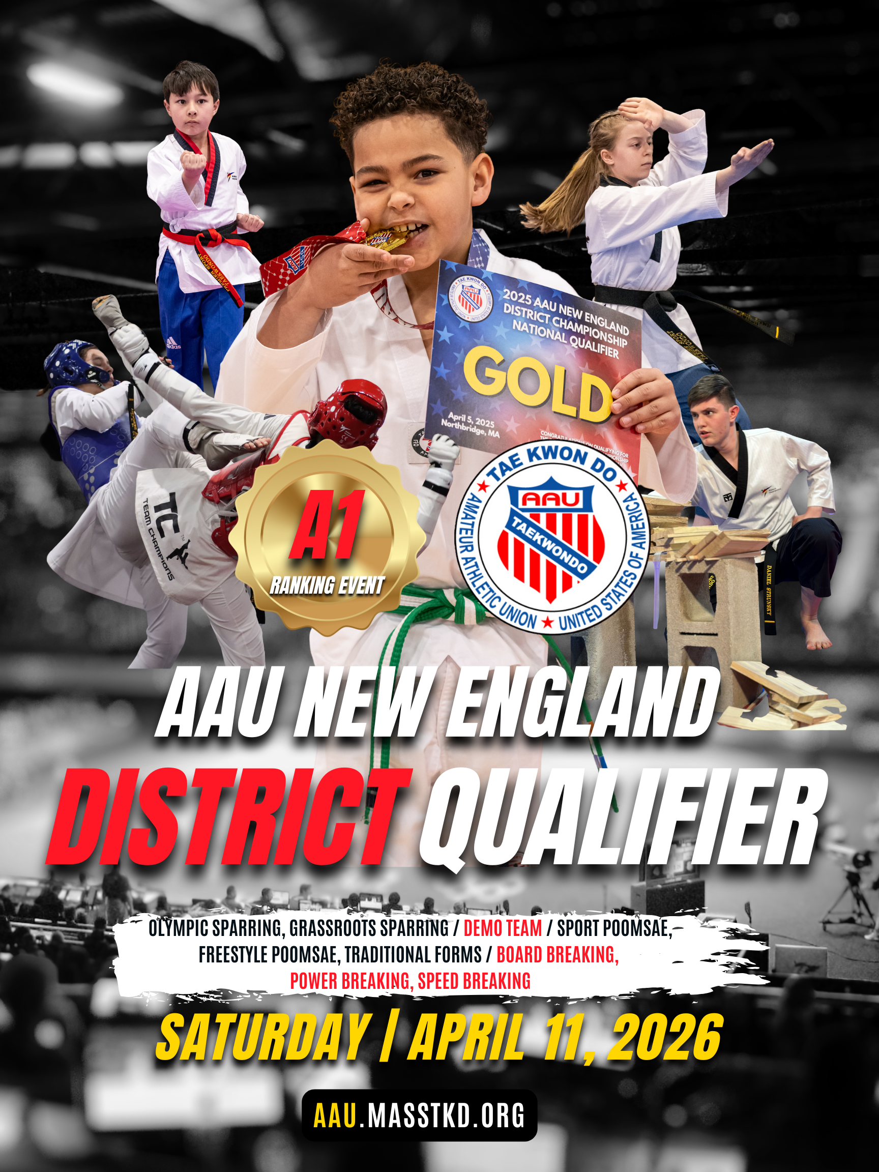 Poster for 2026 AAU Taekwondo New England District Qualifier