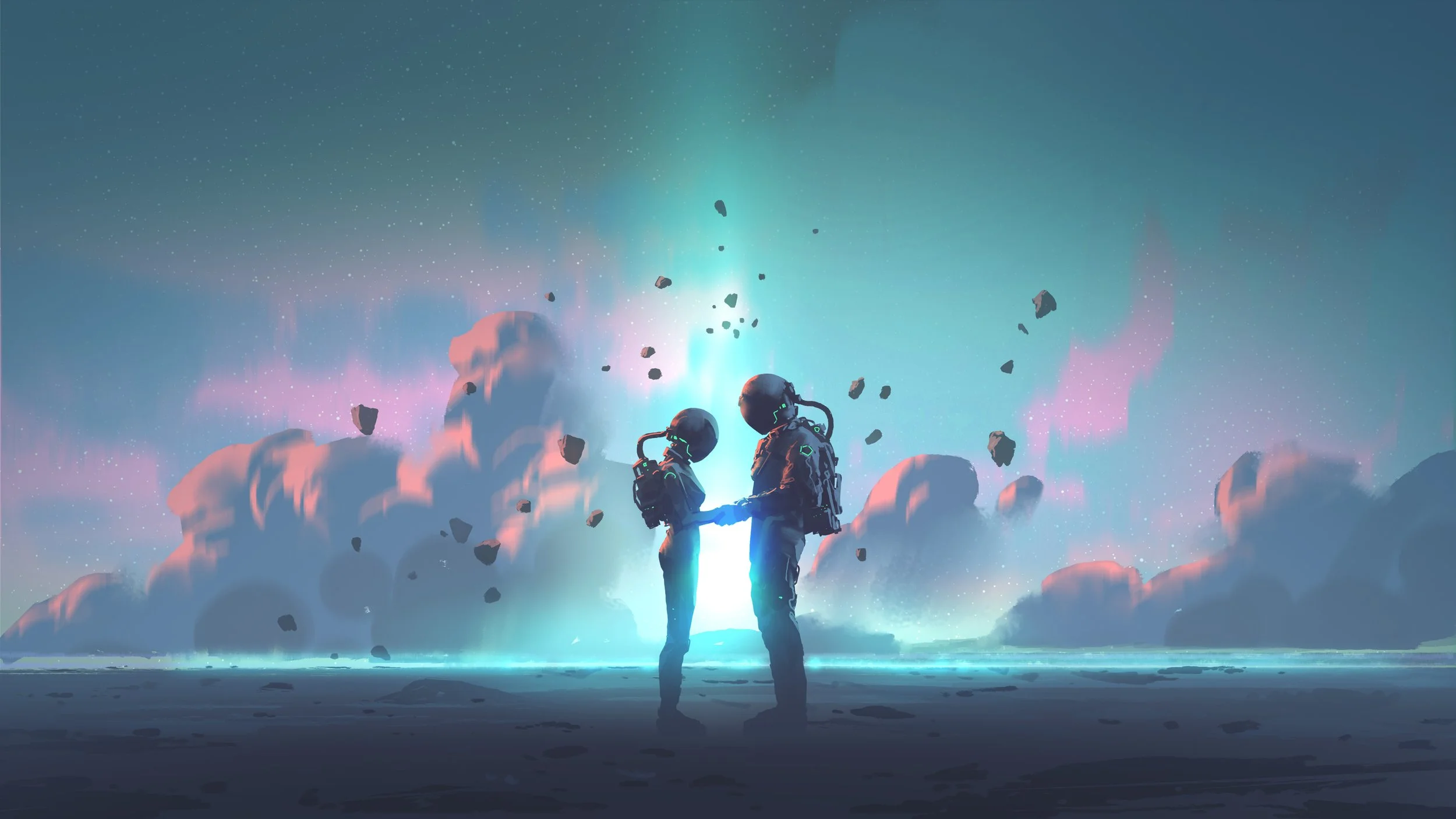 Two astronauts in space suits holding hands on a barren landscape with an aurora and colorful sky in the background.