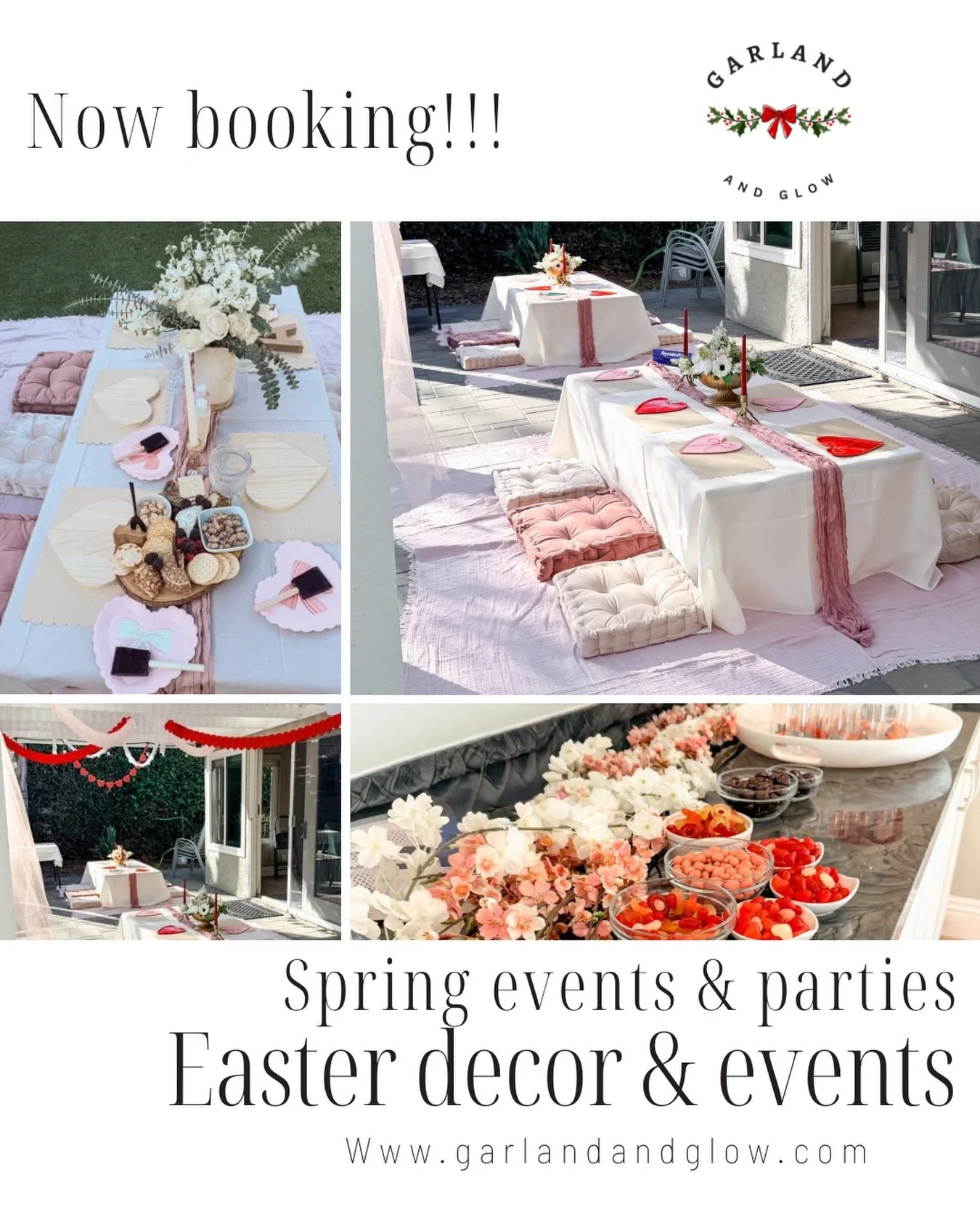 Hosting a spring party? Let us style it.

Garland &amp; Glow designs elevated celebrations across Orange County &mdash; from kids craft parties to Easter brunch decor.

Think beautiful tables, cozy seating, and the sweetest details your guests will r