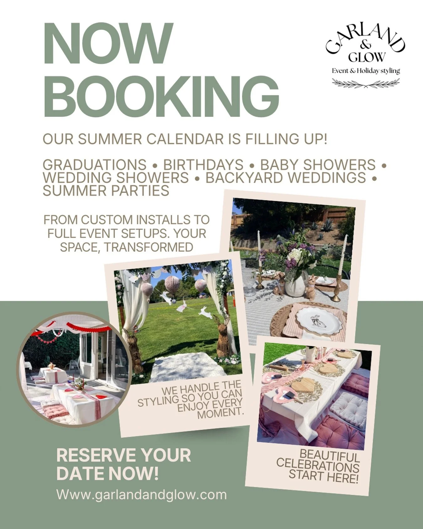 Planning a summer event? We&rsquo;ve got your d&eacute;cor covered.

Garland &amp; Glow specializes in:
&bull; Graduation parties
&bull; Baby &amp; bridal showers
&bull; Birthday celebrations
&bull; Backyard weddings &amp; events

Custom installs. Se