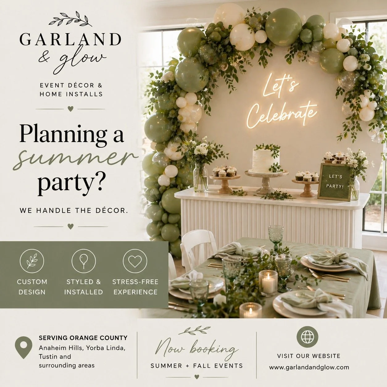 Planning a summer party? ✨

Garland &amp; Glow creates custom, elevated d&eacute;cor for birthdays, showers, graduations, and more. Designed and installed so your space is ready to welcome your guests.

📍 Serving Orange County
Now booking summer + f