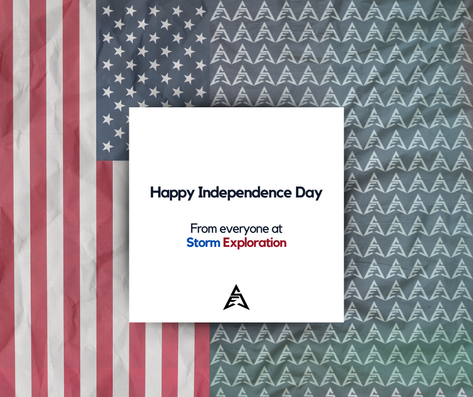 American flag backdrop with a white square card in the center displaying a 'Happy Independence Day' message, text indicating it is from Storm Exploration, and a logo at the bottom.