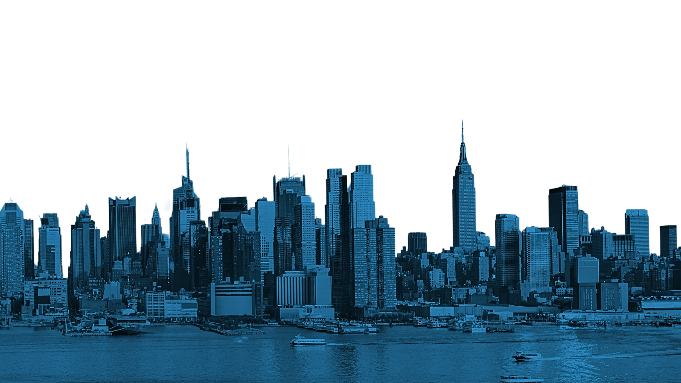 Silhouette of New York City skyline with numerous skyscrapers viewed across water, colored in shades of blue.