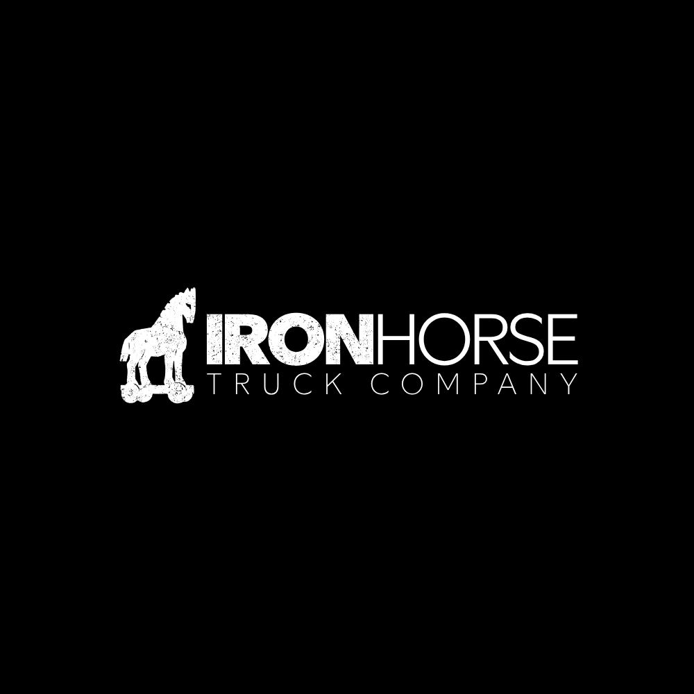 Black background with a white logo of a horse with truck wheels beneath it. Text reads "IRON HORSE TRUCK COMPANY".