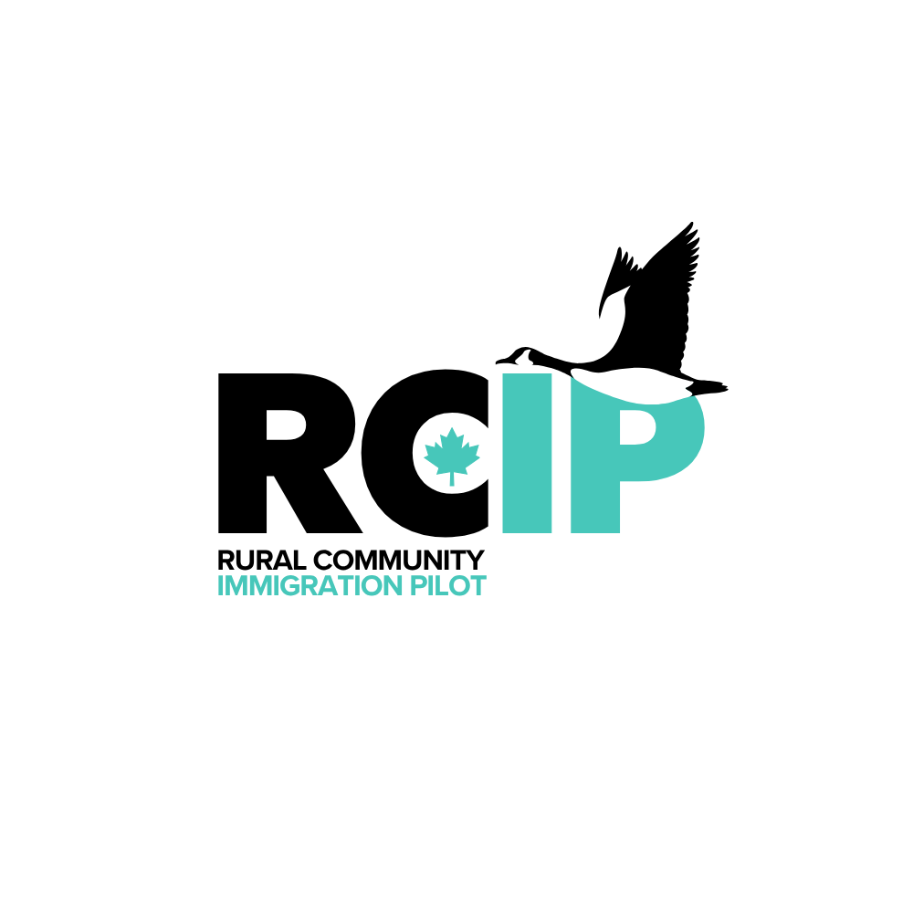 Logo for Rural Community Immigration Pilot featuring large letters 'RCIP', with a black heron flying over the letter 'P', and a teal maple leaf inside the letter 'C'; text below stating 'Rural Community Immigration Pilot'.