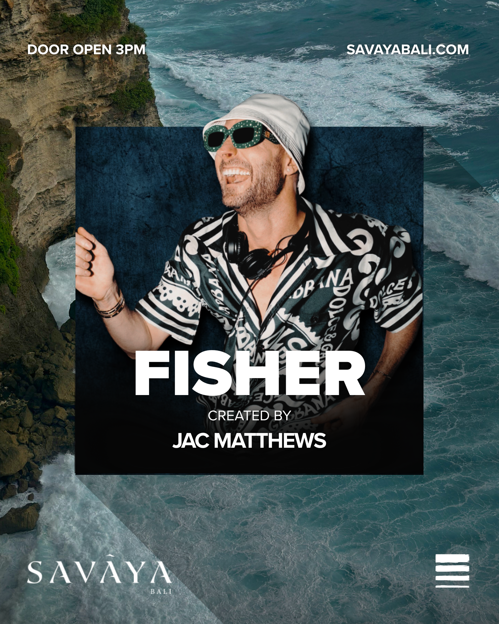 A promotional image for Savay Bali featuring a man wearing sunglasses, a patterned shirt, and a head covering, smiling with a background of the ocean and rocky cliffs.