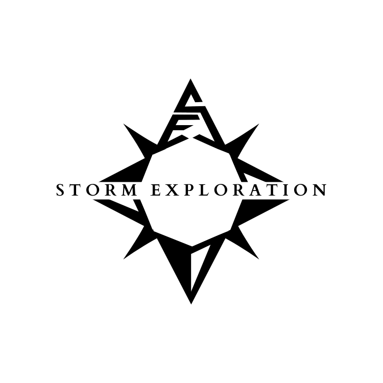 A black and white logo with a stylized compass rose and the words 'Storm Exploration' across the center.