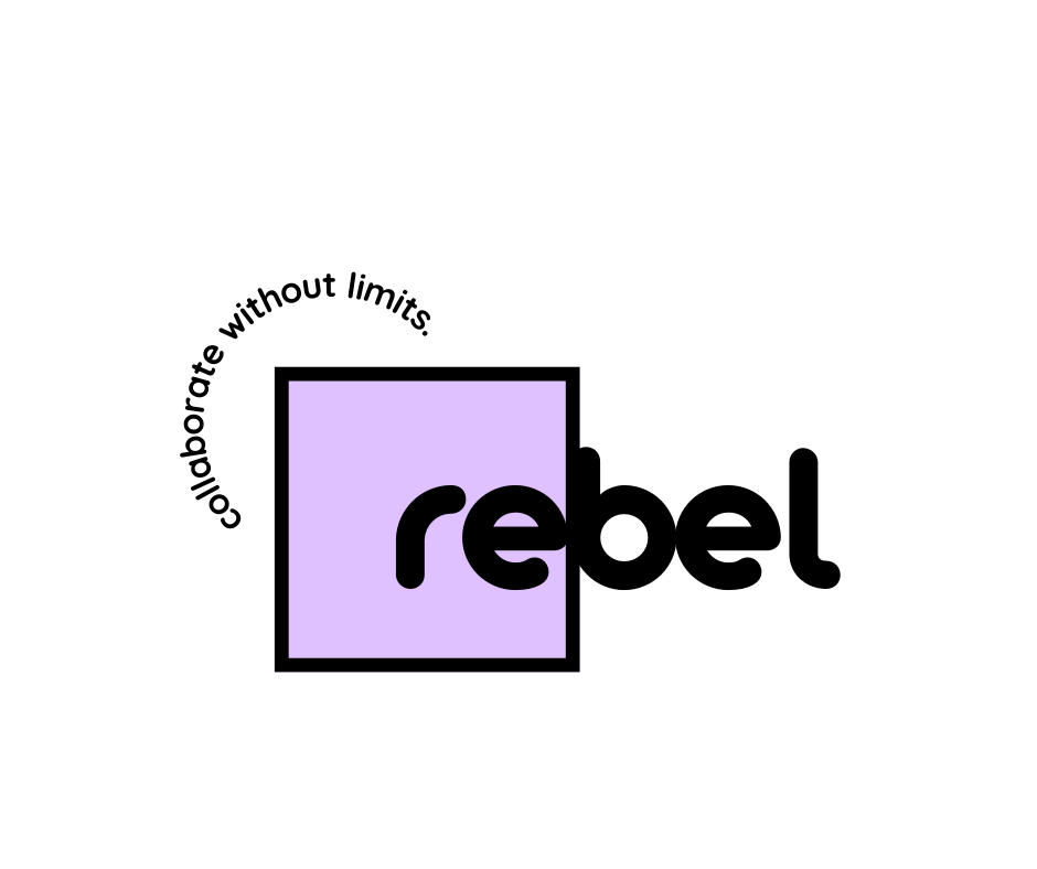 A logo with the word "rebel" in bold black letters, with a purple square outline behind the letter 'r', and the phrase "collaborate without limits" written in a curved line around the top left of the square.