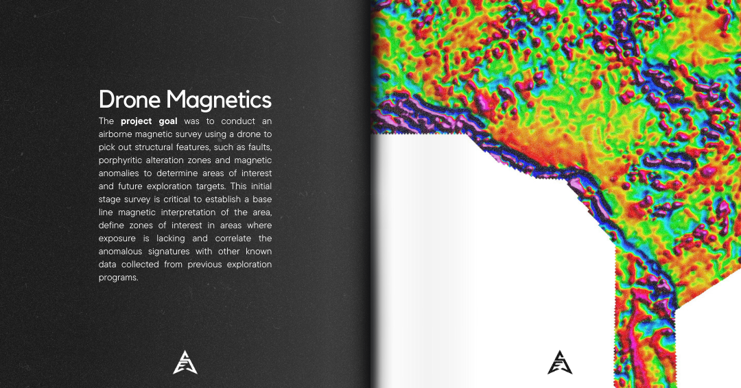 Open booklet with text about Drone Magnetics on the left page and a colorful, abstract, geological map on the right page.