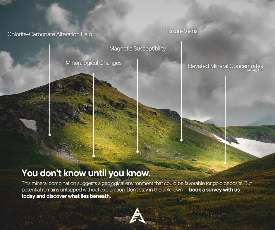 Image of a mountain with labels highlighting various mineral features such as Chlorite-Carbonate Alteration Halo, Fissure Veins, Magnetic Susceptibility, Mineralogical Changes, Elevated Mineral Concentrates (Au, Ag, Cu), and Fissure Veins. Overcast s