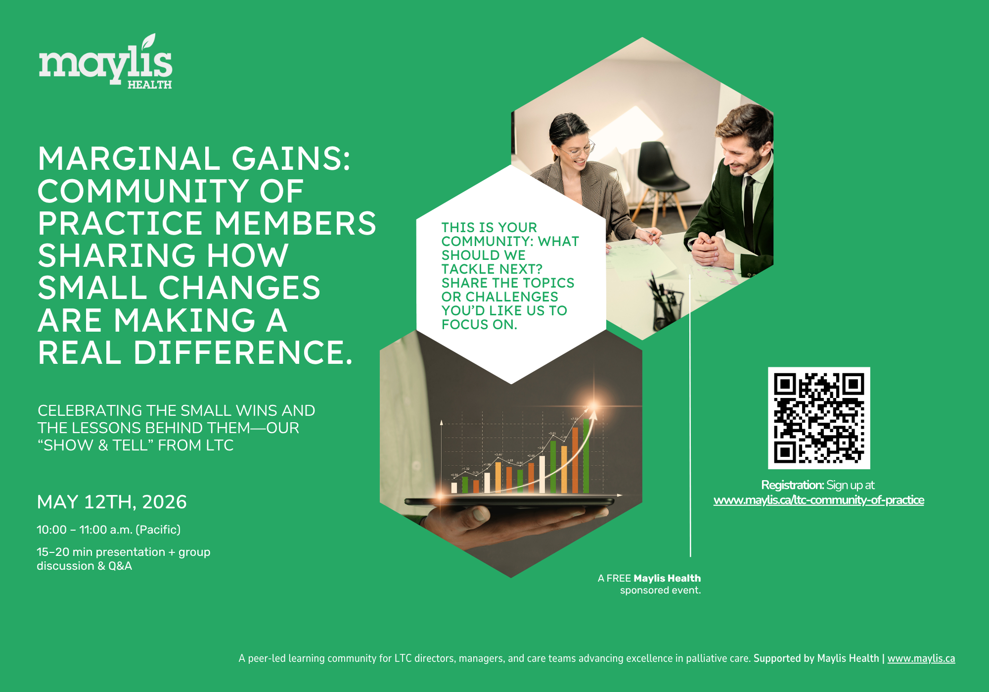 Green informational poster for Maylis Health about a community of practice sharing small changes. Features a photo of two smiling people at a table, discussing documents, with a graph on a tablet. Event details include date, May 12th, 2026, and regis