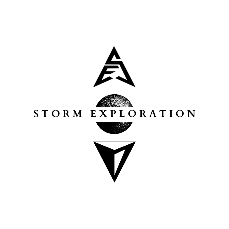 Black and white logo with the words "Storm Exploration" and a stylized globe in the center, with geometric shapes above and below.