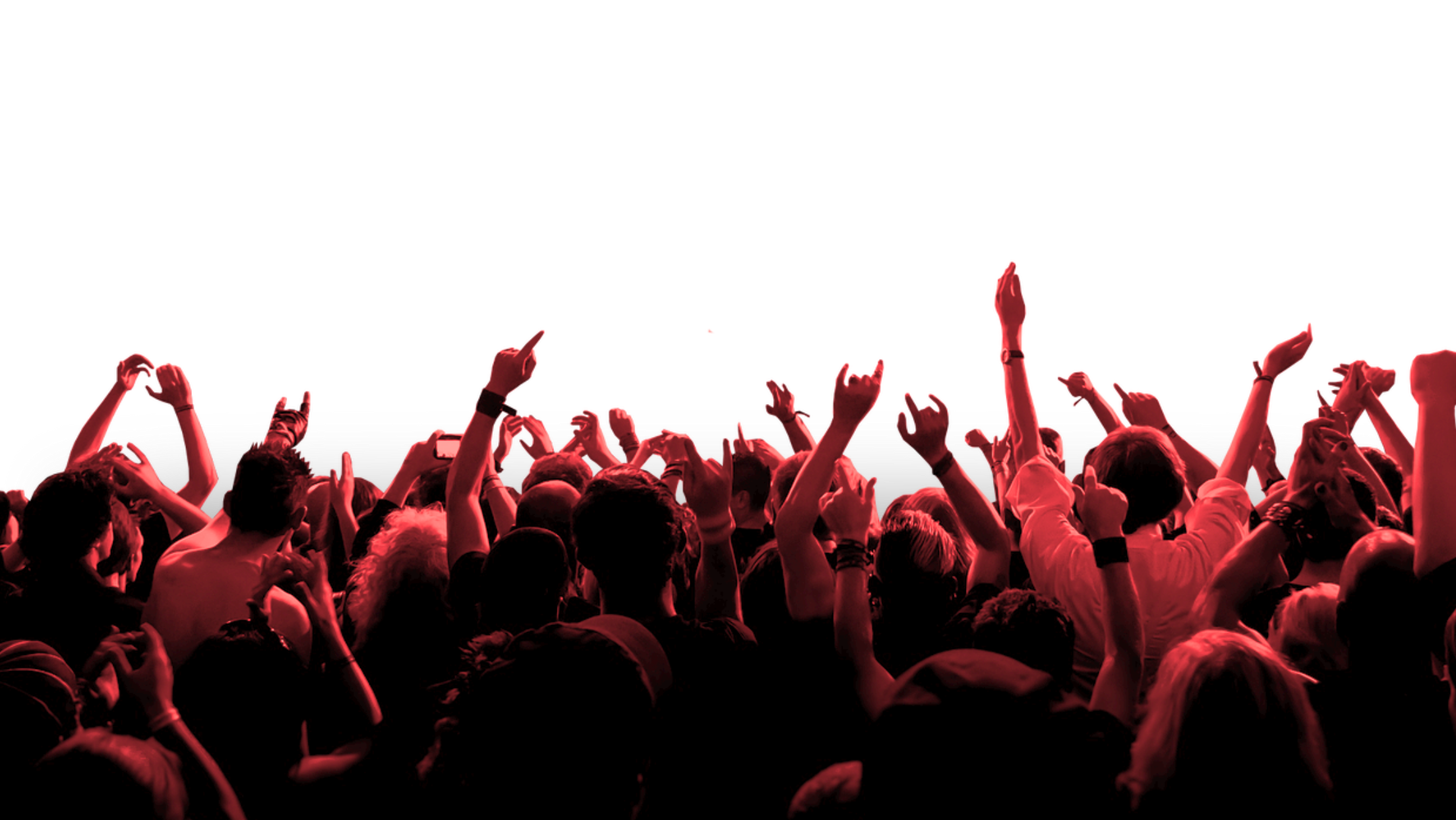 Crowd of people at a concert or event with some raising their hands, many with smartphones, in front of a black background with a red and white lit display.