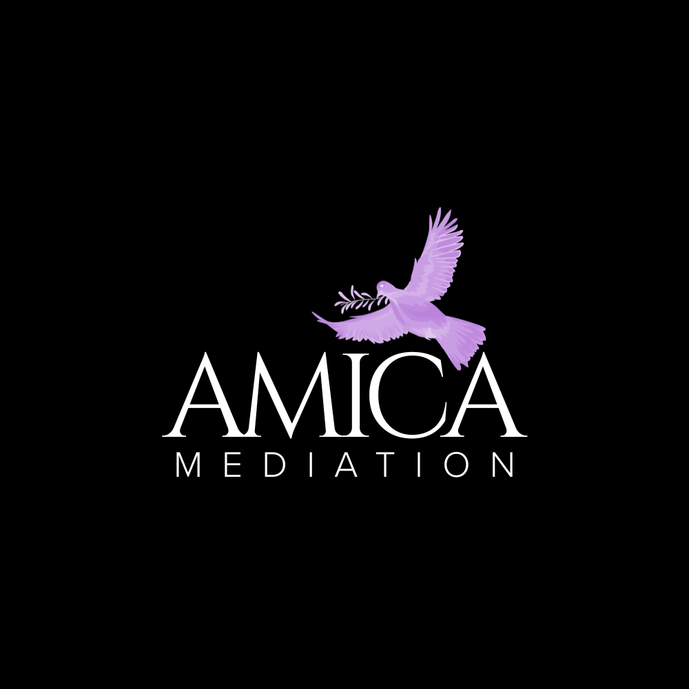 Logo with purple dove holding an olive branch above and the text 'AMICA MEDIATION' on a black background.