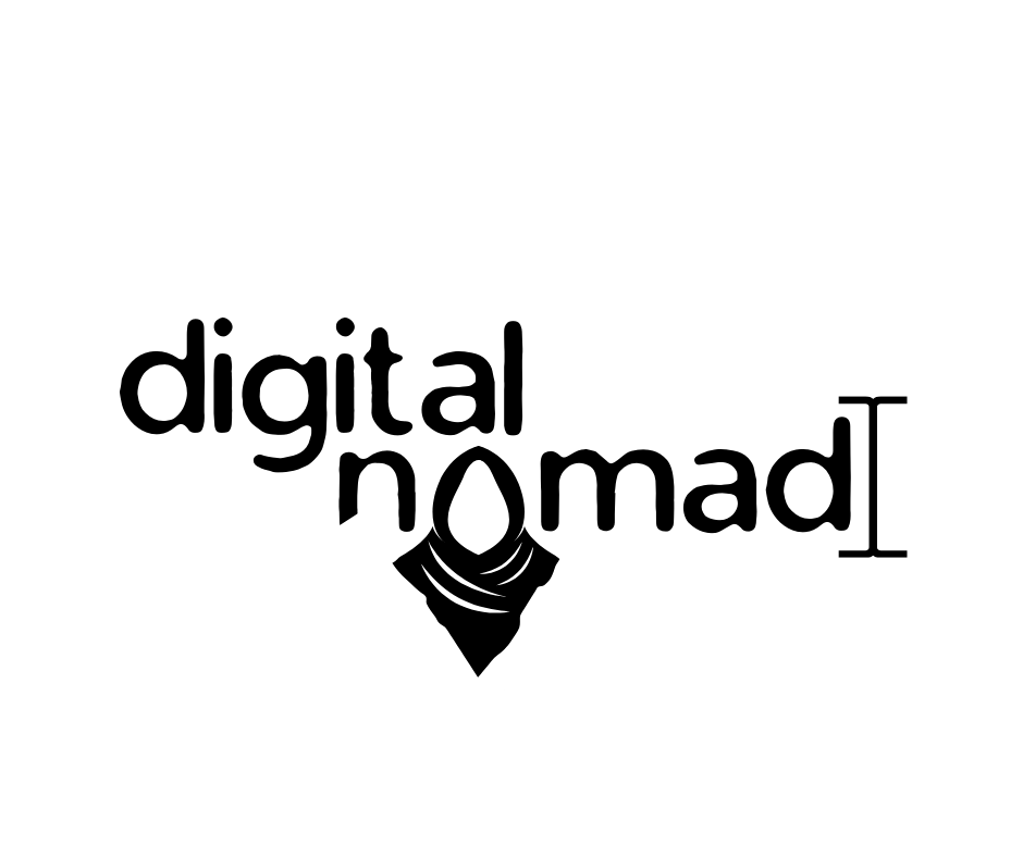 Text graphic with the words 'digital nomad' in black font, with a compass icon replacing the letter 'o' in 'nomad'.